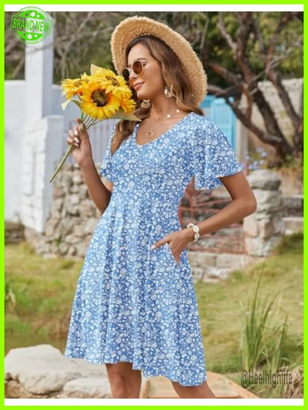 Womens Summer Swing Dress with Pockets Ruffle Short Sleeve A-Line Casual Knee - Picture 5 of 7